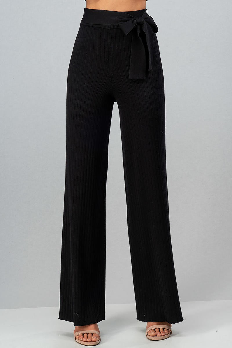 Rib Knit High Waisted Rib Belt Pants
