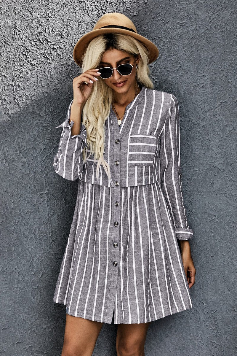 Grey Striped Shirt Dress