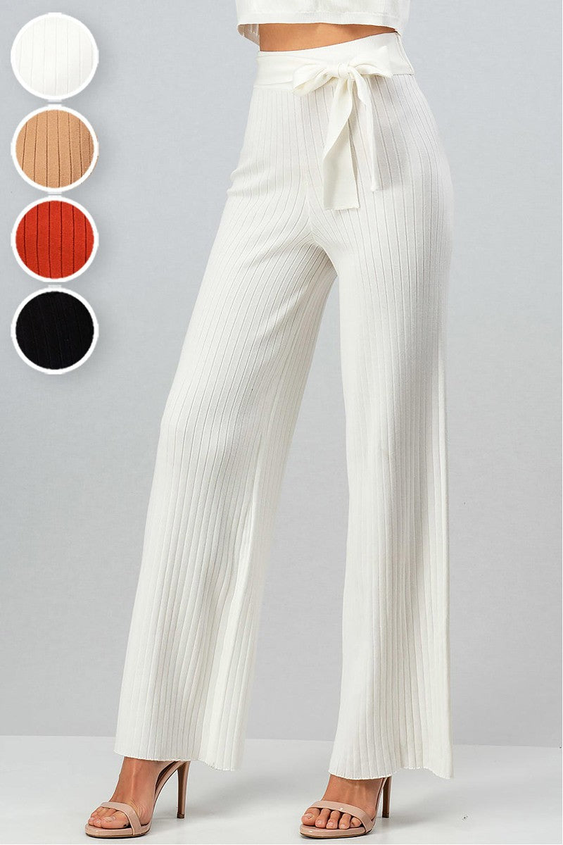 Rib Knit High Waisted Rib Belt Pants