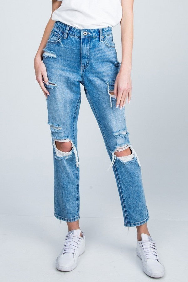 Distressed High Rise Relaxed Straight Jeans