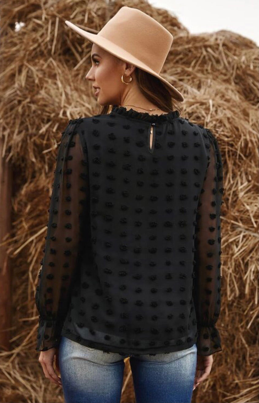 Polka Dot Lantern Sleeve Mesh Blouse