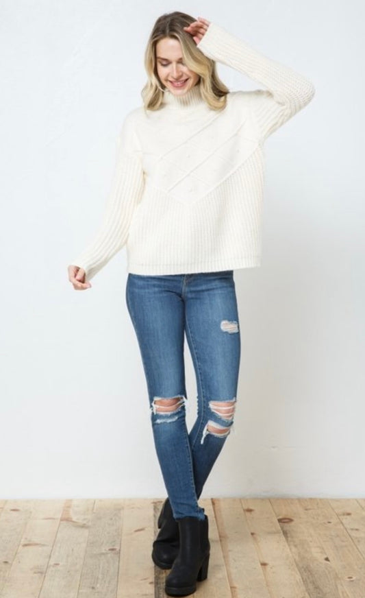 Mock Neck Ribbed Dot Textured Sweater