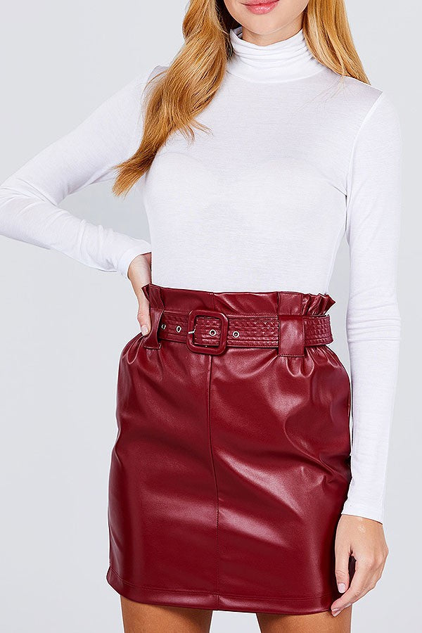 Belted Paperbag High Waist Mini Skirt in Faux Leather